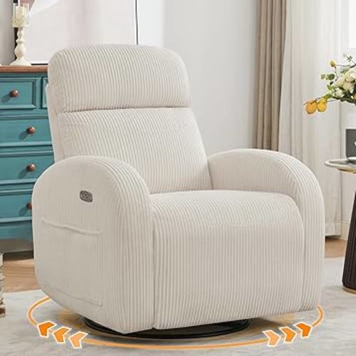 Power Nursery Glider Recliner, Swivel Glider Recliner with USB & Type-C Port, Swivel Reclining Nursery Rocker with Double Pockets for Living Room, White,Corduroy