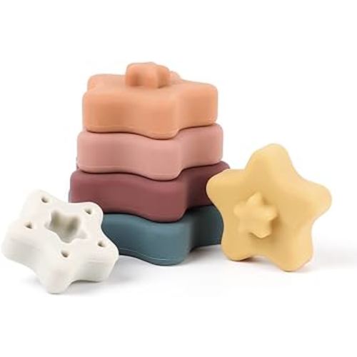 haakaa Silicone Star Stacking Toys, Baby Stacking Rings Baby Stacking Toys & Baby Teether, Boho Baby Toys Stacking Blocks, Silicone Infant Toys, Star Shape, 6Pacs.