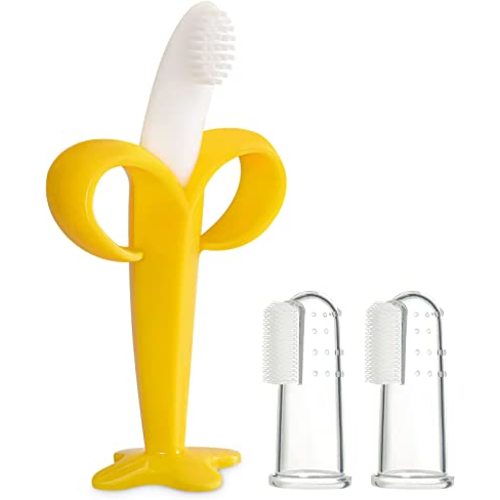 HAILI Baby Banana Toothbrush with 2 Finger Toothbrushes,Soft Silicone Baby Teething Toy Teether Chew Toy for Babies 3-6 Months 6-12 Months
