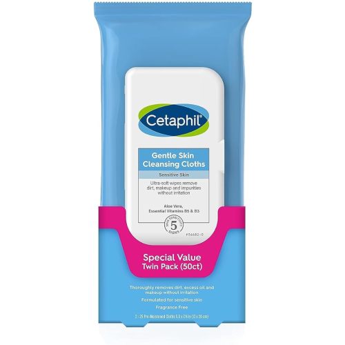 Cetaphil Face and Body Wipes, Gentle Skin Cleansing Cloths, 50 Count, Twin Pack, for Dry, Sensitive Skin, Flip Top Closure, Great for the Gym, Travel, in the Car, Hypoallergenic, Fragrance Free