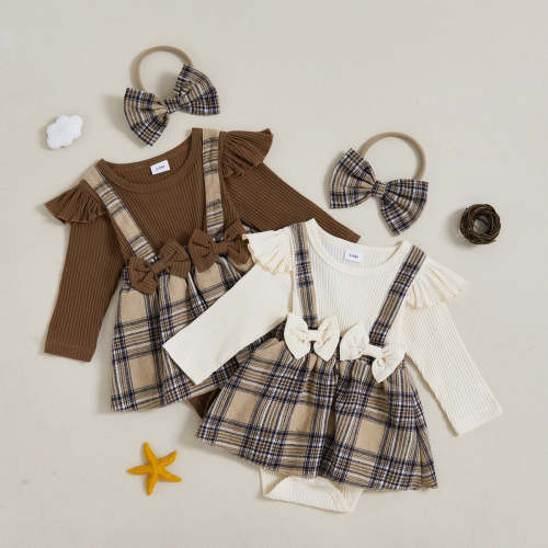 Ribbed Plaid Ruffles Dress & Headband
