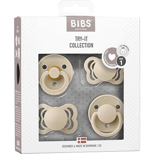 BIBS Try-It Collection | 4-Pack Soothers | BPA-Free Round, Anatomical & Symmetrical Nipple | Natural Rubber Latex/Silicone | Made in Denmark | 0-6 Months | Vanilla