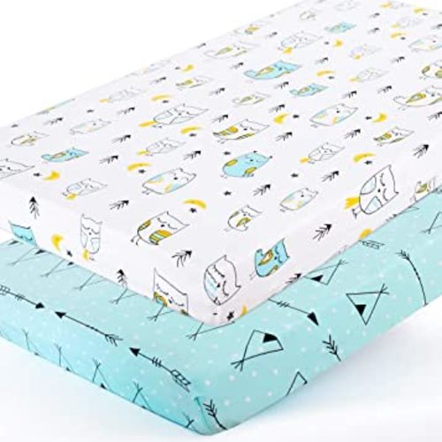 Pack n Play Sheets, BROLEX 2 Pack Mini Crib Sheets,Stretchy Portable Fitted Playard Sheet Set, Convertible Playard Mattress Cover,Ultra Soft Breathable Material,Arrow Owl