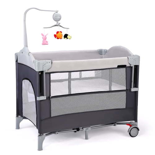 4 in 1 Pack and Play Bassinet, Easy Folding Travel Crib with Music Mobile for Infant Toddlers