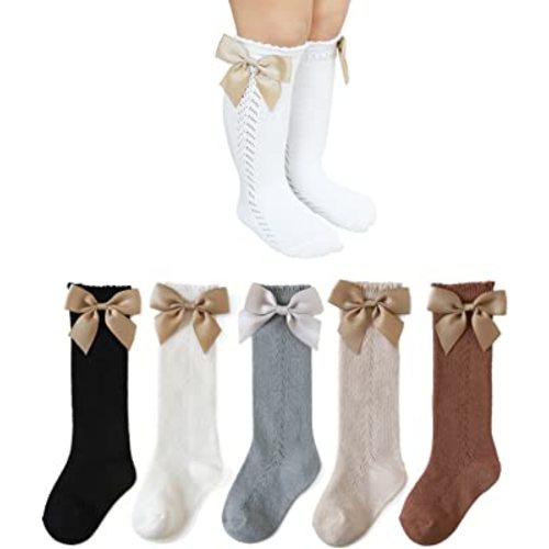 Marchare Baby Girls Knee High Socks Baby Girls Bow Stockings Cotton Uniform Stockings Dress Socks 5 Pack,0-5T