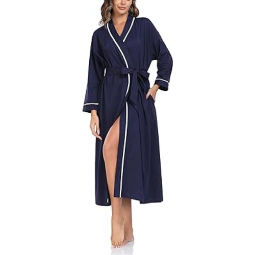 COLORFULLEAF Women's 100% Cotton Robes Lightweight Long Bathrobe Kimono Robe for Women Soft Loungewear with Pockets