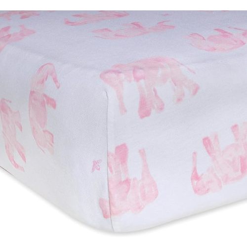Burt's Bees Baby Print Fitted Crib Sheet Organic Cotton BEESNUG - Pink Wandering Elephants Animal Prints, Fits Unisex Standard Bed and Toddler Mattress, Infant Essentials, 52 x 28 Inch 1-Pack - Blossom Elephants