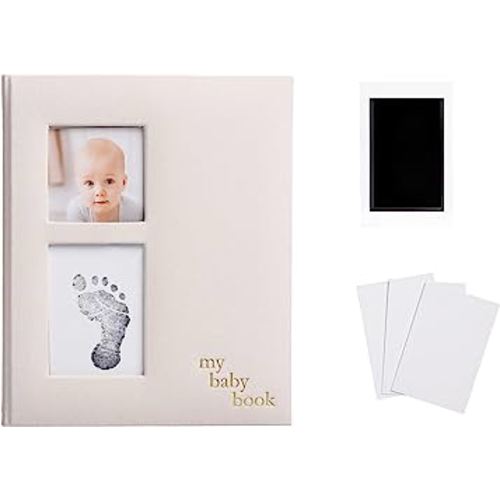 Pearhead Linen Baby Memory Book and Clean-Touch Ink Pad, Gender-Neutral Baby Accessory, Baby Milestones Photo Album, 50 Fill In Pages, New and Expecting Parents, Linen Ivory