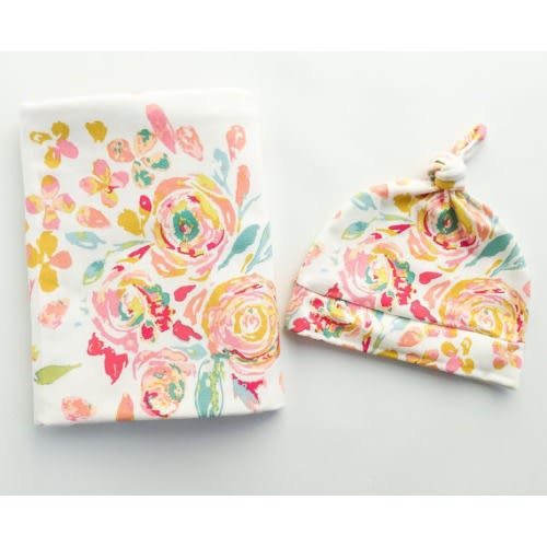 Swaddle Blanket And Newborn Hat Bright Spring Floral by ModFox