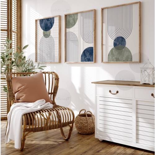 Sage Green and Navy Blue Mid century Modern Geometric Art Set of 3 Prints, Boho Printable Abstract Art, Line Rainbow Prints Digital Download