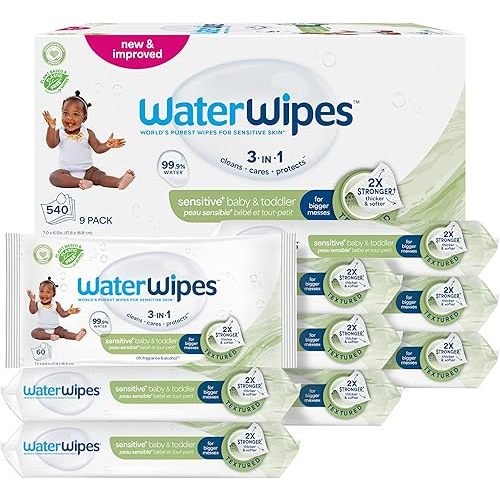 WaterWipes Sensitive+ Baby & Toddler Wipes, 3-In-1 Cleans, Cares, Protects, 99.9% Water, Textured Clean, Unscented & Hypoallergenic, 540 Count (Pack of 9)