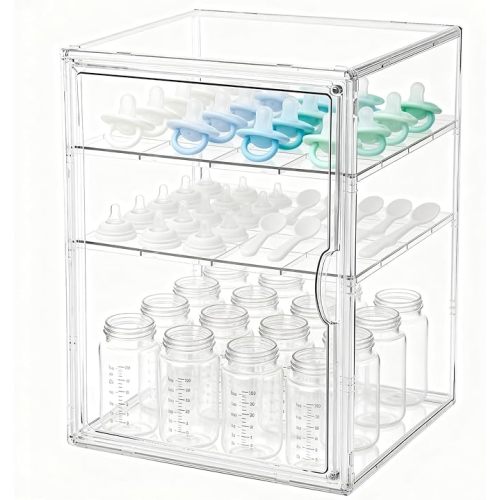Baby Bottle Organizer, 3 Tiers Acrylic Bottle Storage Organizer Container, Clear Plastic Bottle Station Organizer with 2 Adjustable Dividers for Kitchen Countertop, Bathroom, Cabinet, Vanity