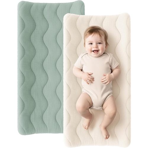 Konssy Waterproof Muslin Changing Pad Cover 2 Pack, 100% Cotton Quilted Diaper Changing Table Sheets, Soft Breathable Boho Nursery Bedding for Baby, Silent & Absorbent Standard Fit (Green,Cream)