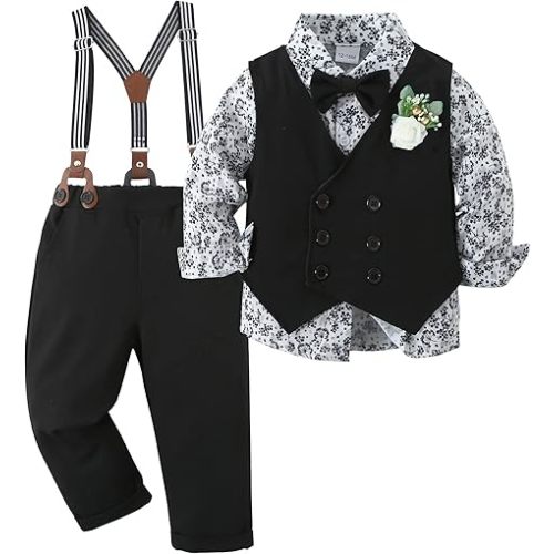 YALLET Toddler Baby Boy Clothes Suit Gentleman Wedding Outfits, Formal Dress Shirt+Bowtie+Vest+Boutonniere+Suspender Pants 12-18 M