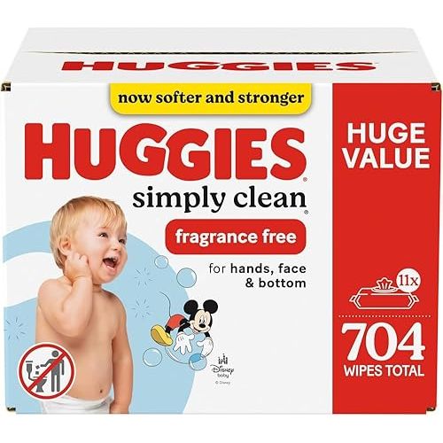 Baby Wipes, Huggies Simply Clean, UNSCENTED, Hypoallergenic, 11 Flip Top Packs, 704 count (Packaging may vary)