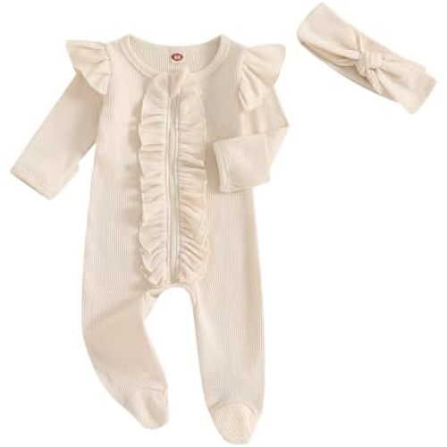 Newborn Baby Romper Infant Girl One-piece Outfit Waffle Ruffle Zip Footie Spring Summer Clothes With Bow Headband