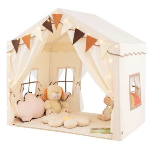 Costway 3-4 Kids Large Play Tent House w/ 2 Opening Doors Star Lights & Plaid Pennants