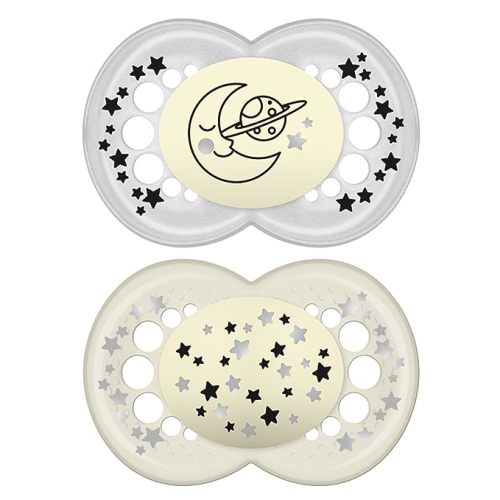 MAM Night Pacifiers (2 Count), MAM Pacifiers 6+ Months, Best Pacifier for Breastfed Babies, Glow in The Dark Pacifier, Baby Unisex Pacifier, 6-16- 2 Count (Pack of 1) - 2-Pack