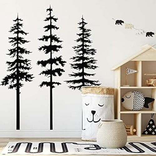Pine Tree Wall Decor Decals for Kids Room Baby Nursery Room Decor High Tree Wall Stickers Christmas Home Decoration BA754 (Black, 50inch Tall)