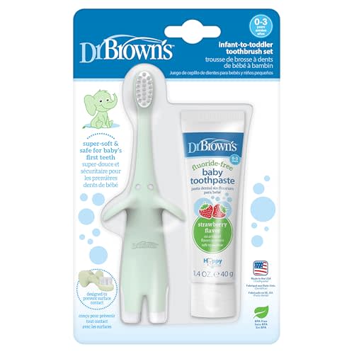 Dr. Brown's Infant-to-Toddler Training Toothbrush Set, Mint Elephant with Fluoride-Free Strawberry Baby Toothpaste, 0-3 Years (Styles May Vary)