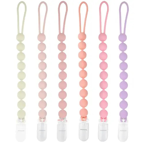Silicone Pacifier Clip Holder, 6 Pack One Piece Soft Flexible Binky Clips Pacifier Holder Clip for Girls, Baby Girl Newborn Essentials, Teething Relief