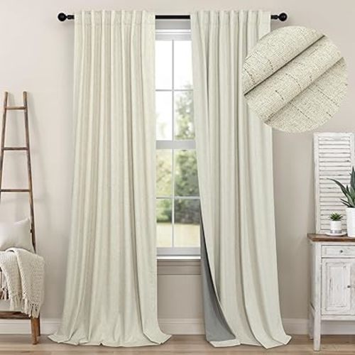 Primitive Curtain 108 Inch Long 2 Panels Burg Linen Textured 9 ft Floor Length to Ceiling Traverse Curtains for Living Room Extra Wide Extreme Blackout Drapes Sun Blocking Sound Absorbing Cream Beige