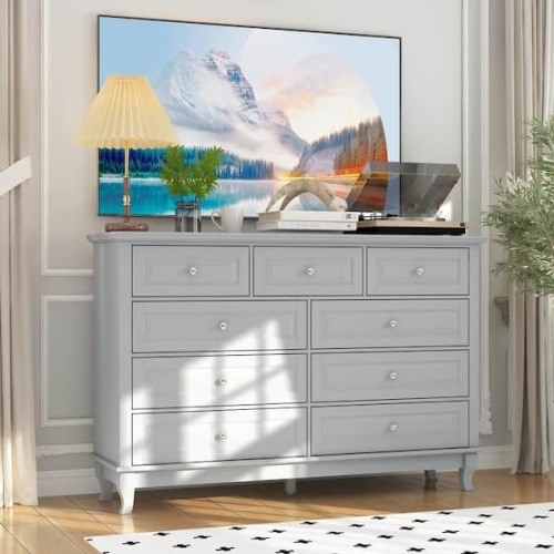 37 in. H Gray Wood Accent Storage Cabinet with 9-Drawers, Modern Style