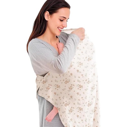 Konssy Muslin Nursing Cover for Baby Breastfeeding, Breathable 100% Cotton Breastfeeding Cover with 3-Point Rotary Buckle, Multi-Use Car Seat Cover Baby, Nursing Blanket(Blossom)