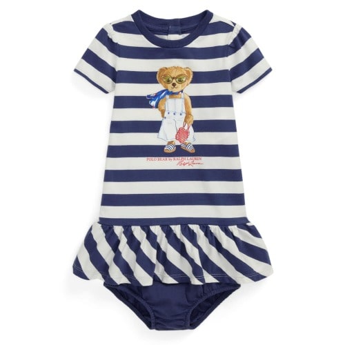 Striped Polo Bear Cotton Dress & Bloomers Set