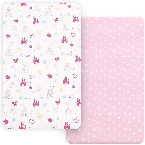 PHF Soft Mini Crib Sheet Set, 2 Pack Silky Comfy Pack N Play Sheets for Boys Girls, Universal Fit for Pack N Play, Playard and Mini Crib Mattresses, Castle