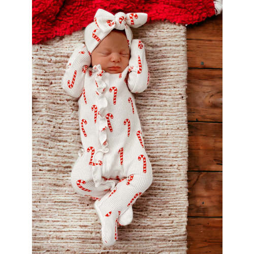 Organic Waffle Ruffle Zip Footie, Candy Cane