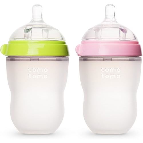 Comotomo Baby Bottle, Green/Pink, 8 Ounce, 2-Count
