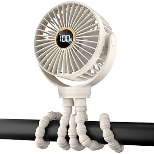 Portable Stroller Fan, Small Battery Powered Fan w/ 360° Rotation, 3-Speed, Rechargebale Mini Personal Fan w/Display, Stroller Accessories Gift for Car Seat, Crib, Bike, Treadmill, Beige