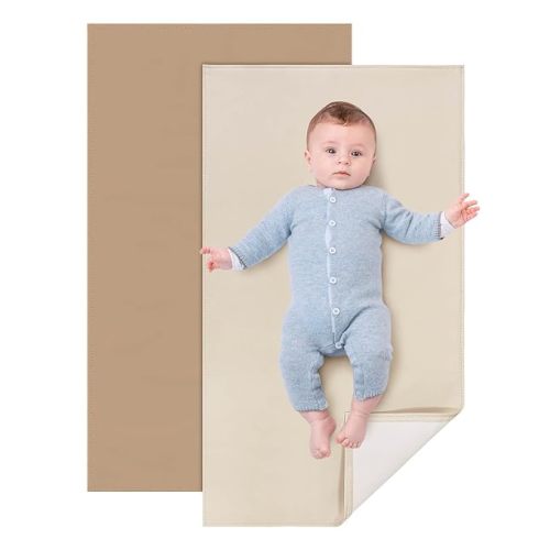 2 Pack Baby Leather Changing Mat, Waterproof Portable Diaper Changing Pad for Home, Wipeable Foldable Baby Travel Mat Fits Perfectly in Diaper Bag, 30 x 17 inches, Off White and Apricot