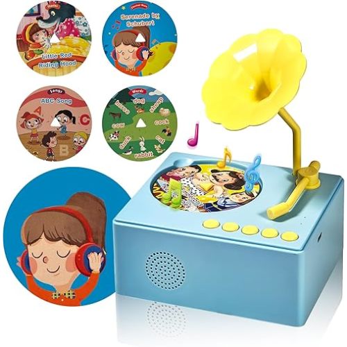 Kids Phonograph Toddler Record Player with 96 Learning Cards, Music & Story Toy for Boys & Girls - Gift Blue