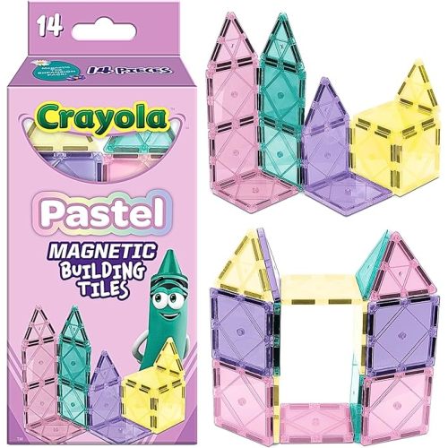 CreateOn Crayola Magnetic Tiles, Building Set for Kids, Magnetic Building Toys for Kids, STEM Travel, Easter Basket Gift for Boys and Girls Ages 3+, 14-Piece Set (Pastel)