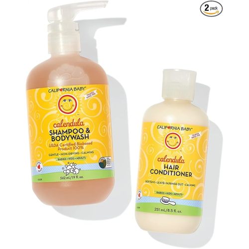 California Baby Calendula Shampoo & Bodywash + Hair Conditioner | 100% Plant-based Ingredients | Allergy-Friendly | 19oz Lavender Baby Wash and 8.5oz Conditioner | Soothing Organic Calendula