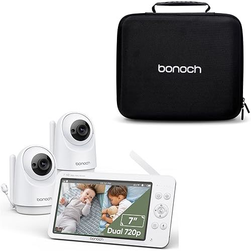 bonoch 7" 720p Baby Monitor with Baby Monitor Travel Case, for 7" Display, 1 Camera, Power Adapters, Baby Monitor wit 2 Cameras Split Screen with Carring Case
