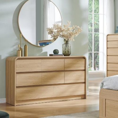 SinCiDo Modern 8 Drawer Dresser, Curved Profile Design, 55" Wide Mid Century Wood Storage Organizer for Bedroom, Living Room
