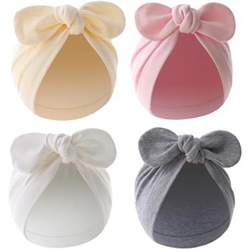 4PCS Newborn Baby Bow Knot Turban Hat Infant Toddler Hospital Hat Cotton Head Wrap Beanie Cap