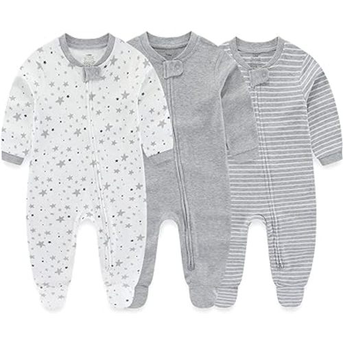 Newborn Baby Boy Girls Clothes 2-Way Zip Footed Cotton Bodysuit 3-Pack Long Sleeve Outfits 0-12Months - 0-3 Months - Stars + Solid Color + Stripes Grey