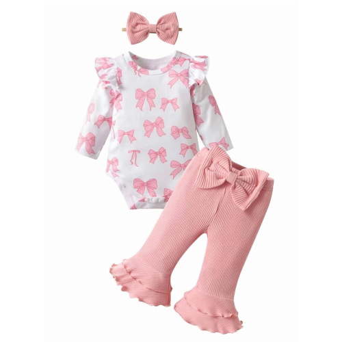 Infant Baby Girl Clothes Bow Print Long Sleeve Romper Flared Pants and Headband Outfits Set Pink 0-3 Months