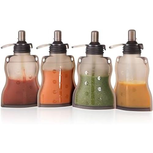 haakaa Reusable Baby Food Pouches Refillable Baby Squeeze Silicone Yummy Pouch, Soft Reusable Squeeze Storage Food Pouch for Kids Toddler,Home Made Food Puree,Smoothie Pouch Bag, 4oz, 4 Pack,6m+