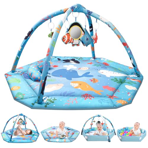 lulunemo Baby Play Mat,Tummy Time Mat with 6 Detachable Toys-Activity Gym for Visual, Auditory & Motor Development-Washable Baby Activity Mat for 0-12 Month Infants(Ocean)