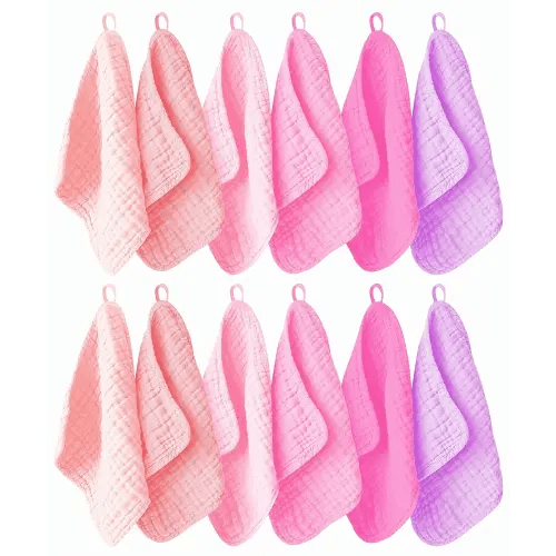 12 Pack Muslin Washcloths for Baby - 100% Cotton Baby Wash Cloths for or Baby Face Body Comfy and Soft for Newborn Infants Kids Girls and Boys - 12"x12" - Pink, Purple and Sakura Series