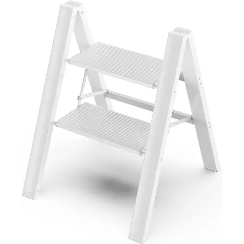 GameGem 2 Step Ladder, Aluminum Folding 2 Step Stool with Anti-Slip Sturdy and Wide Pedal, Lightweight Portable Stepladder for Home and Kitchen Use Space Saving, Cream White, 330 lbs