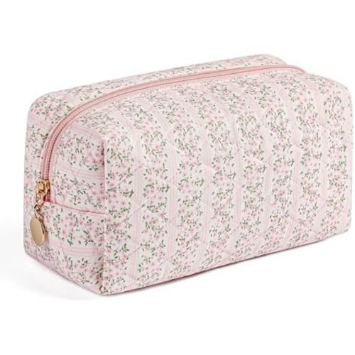 Makeup Bag Travel Cosmetic Bag for Women Girls, Zipper Make Up Pouch, Floral Flowers Toiletry Organizer Makeup, Portable Storage Cosmetic Travel Cloth Bag (Pink)