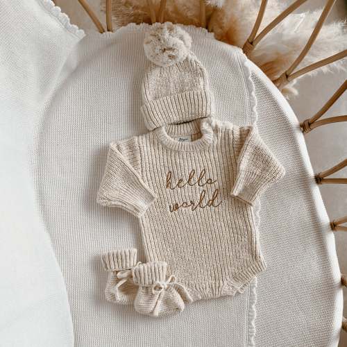 'Hello World' Chunky Knit Romper & Beanie Bundle