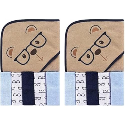 Luvable Friends Unisex Baby Hooded Towel with Five Washcloths, Smart Bear, One Size (Pack of 2)