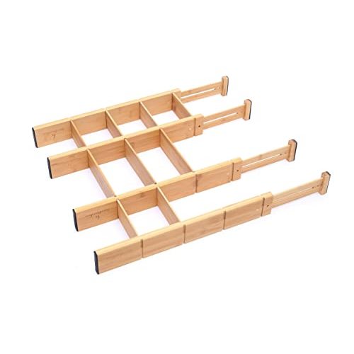BamBamBoo Adjustable 17-22in Bamboo Dividers Organizers with 9 Inserts, Expandable Spring Loaded Drawer Dividers for Kitchen, Dresser, Bedroom, Bathroom, Office, and Garage (4 Pack)